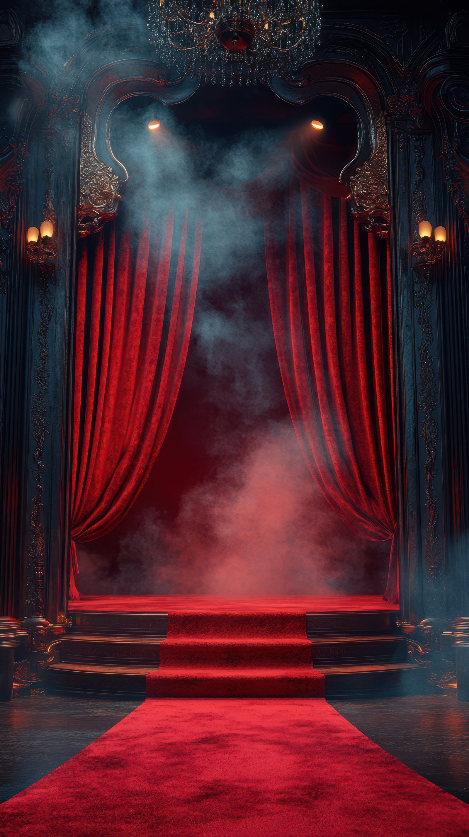 Elegant red curtains and stage setup with dramatic lighting create a theatrical atmosphere at a performance venue